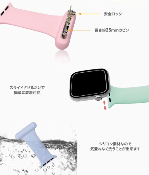 安全ロック付きピンで服に留めるApple Watch用ナースバンド（ピンバンド）の仕組み